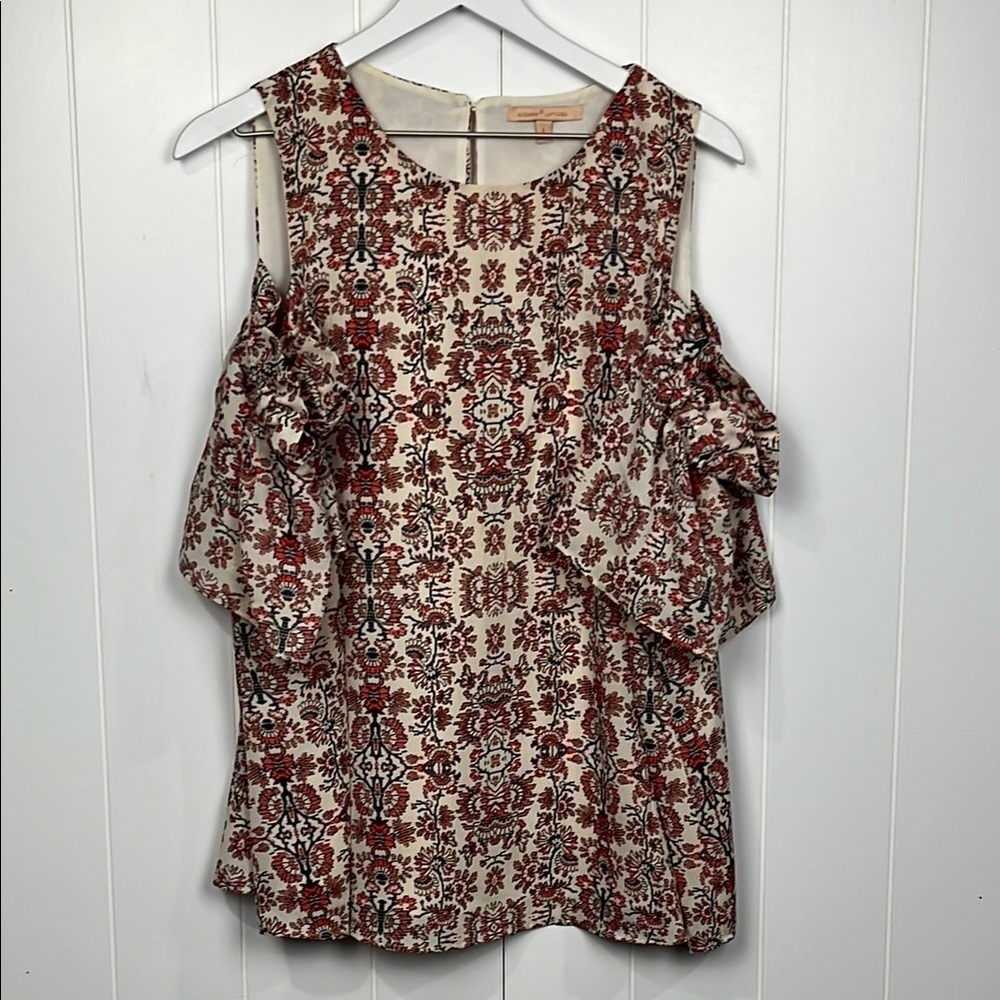 Gibson & Larimer Womens Top/Tunic L Orange/Cream Cold Shoulder Ruffles Unique